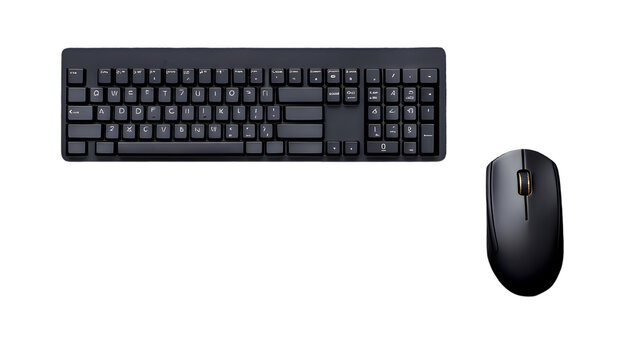 Overhead shot of a black keyboard with a full layout and a wireless mouse on a black background