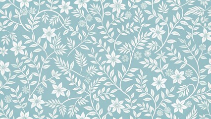 Fototapeta premium Soothing Soft Blue Floral Wallpaper Pattern with Delicate White Vines , minimalist aesthetic, soothing color palette
