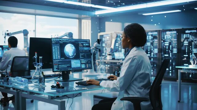 Scientist working on computer in laboratory with robotic arms