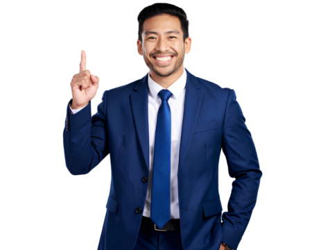 Man Smiling and Pointing Confidently, Dressed Smartly Against isolated on a transparent background.