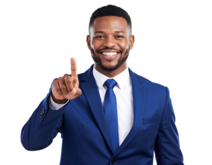 Man Smiling and Pointing Confidently, Dressed Smartly Against isolated on a transparent background.