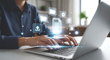 Person typing on a laptop with floating icons representing data management and security features shown above