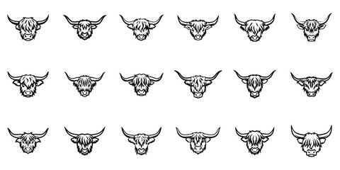 Black and White Yak and Highland Cow Head Icon Collection