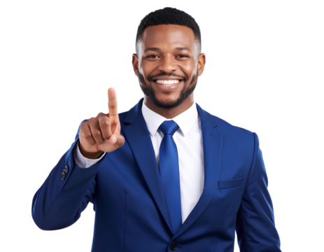 Man Smiling and Pointing Confidently, Dressed Smartly Against isolated on a transparent background.