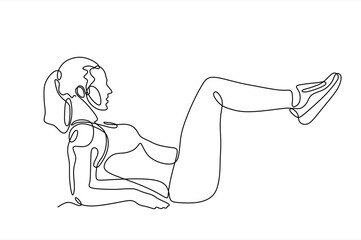 One single line drawing young woman working out doing sit up in gym to strengthen body vector illustration. Fitness sport bodybuilding and healthy lifestyle concept.Hand drawn one line vector.Editable