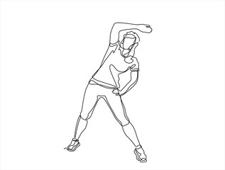 a woman is depicted in a continuous line drawing, performing a stretching exercise isolated on white background. Hand drawn one line vector. Editable stroke