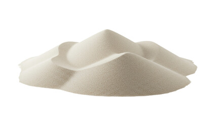 Pristine, sculptural pile of finely granulated sand forming minimalist dunes and peaks, isolated on a transparent studio background with high-key lighting. Concept of minimalist clarity