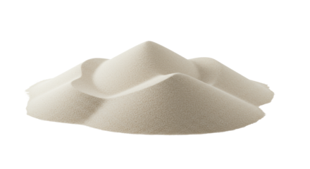 Pristine, sculptural pile of finely granulated sand forming minimalist dunes and peaks, isolated on a transparent studio background with high-key lighting. Concept of minimalist clarity