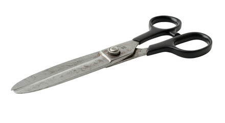 Obraz premium Heavy-duty tailor's scissors with worn silver blades and deep black handles, slightly open on a transparent background with copy space. Concept of meticulous craftsmanship and enduring quality