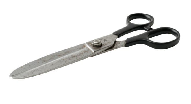 Heavy-duty tailor's scissors with worn silver blades and deep black handles, slightly open on a transparent background with copy space. Concept of meticulous craftsmanship and enduring quality