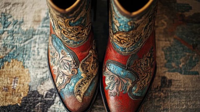 Ornate cowboy boots with intricate, detailed embroidery on patterned textile background
