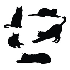 Set of diverse black cat silhouettes in various playful poses on white background, including stretching, sitting, and pouncing.