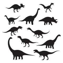 Set of various dinosaur silhouettes, including Tyrannosaurus Rex, Brachiosaurus, and Triceratops, on white background.