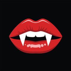 Glossy red vampire lips with sharp fangs, symbolizing Halloween, horror, and gothic culture on a black background.