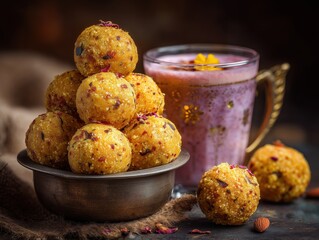 Besan laddu with rose lassi in a vintage glass cup, set on a rustic surface with warm moody lighting and rose petal garnish

