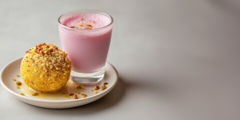 Besan laddu with rose lassi in a glass on a plate with free space for text, decorated with rose petals on a soft background

