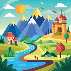 A picturesque landscape with a winding river, rolling hills, majestic mountains, and a charming village with a castle under a bright sun and blue sky