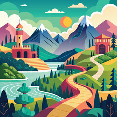 A scenic mountain landscape featuring a winding river, a castle with a tower, rolling hills, and a path leading through the countryside