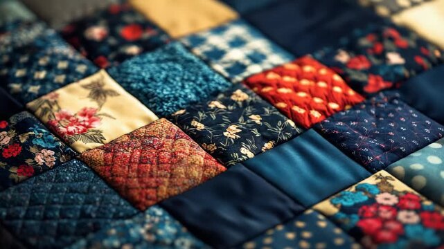 Vibrant patchwork quilt with various colorful fabric patterns