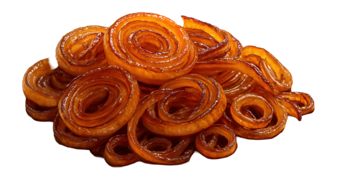 Caramelized onions arranged on a cutting board.