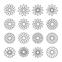 Collection of sixteen floral outlines arranged in a square pattern icon set