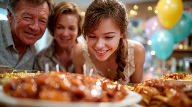 Happy family celebrating a birthday with cake, food, and drinks in a warm outdoor setting - Powered by Adobe