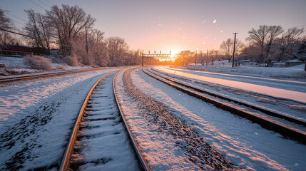 Fototapeta premium Snow-Covered Train Tracks at Sunrise 