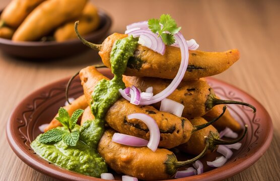 Clay plate with fried mirchi bajji, served with onions and green chutney, spicy snack under warm light