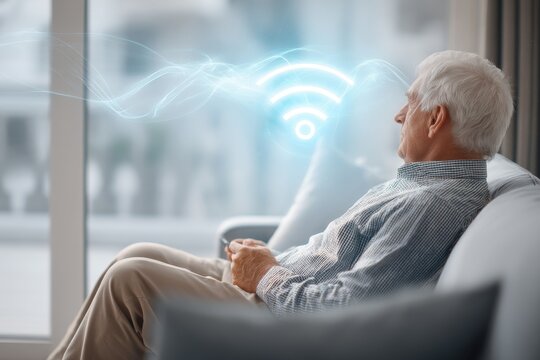 Cybersecurity for seniors concept. Senior man relaxing indoors with a digital Wi-Fi signal graphic. - Powered by Adobe