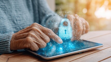 Cybersecurity for seniors concept. Senior hands using tablet with digital security concept overlay.