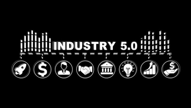 Industry 5.0 banner concept vector icon set background: Human centric, Integration, Sustainability, Automation, Digitalization, Data Analytics, Customization, Circular economy, Cyber physical