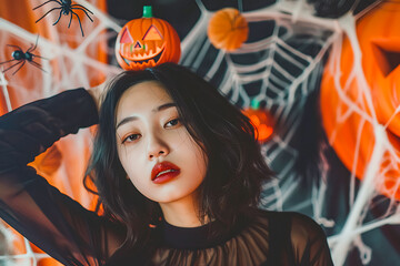 Asian woman holding a jack o’ lantern pumpkin on her head with Halloween decorations, spiders, and cobweb background. Perfect for spooky holiday, autumn, and festive design.