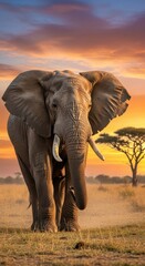 Obraz premium Majestic african elephant portrait against sunset savanna backdrop