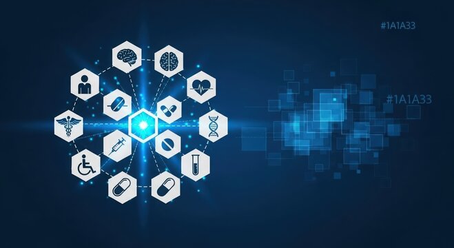 Medical technology network with health care icons on a blue background