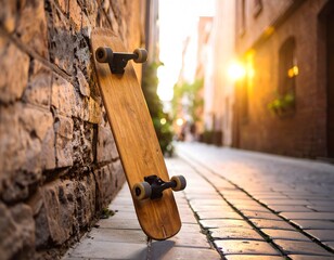 A wooden longboard skateboard leaning against a rustic stone wall on a cobblestone alleyway during a beautiful golden hour sunset light.