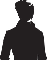 A black silhouette of a 1800 russia fashion man, possibly male, with short, slightly curly hair, wearing a collared coat or jacket, against a plain white background.
