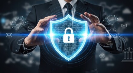 Businessman holding a virtual shield with a lock icon for data protection