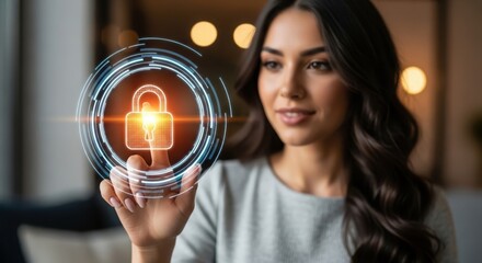 Young woman using a virtual interface with a lock icon for data protection