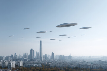 fleet of advanced drones soaring over modern city skyline creating harmony between technology and urban life