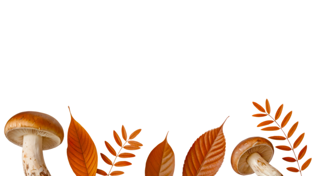 Autumn forest mushrooms with orange fall leaves isolated on transparent background, seasonal botanical border for harvest festival and nature-themed design