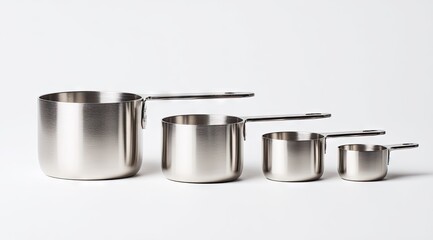 Four brushed stainless steel measuring cups, decreasing in size, with simple, attached handles, arranged on a white background