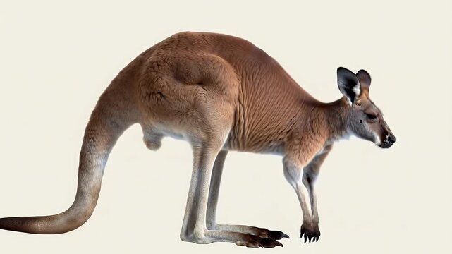 Adult Male Red Kangaroo Standing in Profile on a Clean Light Background, Showcasing its Powerful Legs and Tail, an Iconic Australian Wildlife Animal