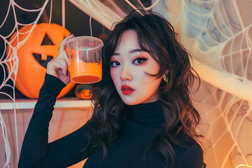 Asian woman holding a jack o’ lantern pumpkin on her head with Halloween decorations, spiders, and cobweb background. Perfect for spooky holiday, autumn, and festive design.