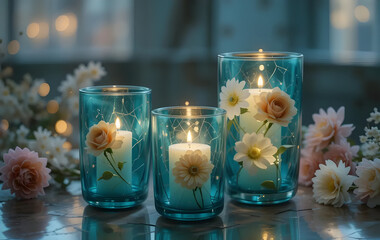 Teal candle holders with flowers, soft glow, serene, evening setting