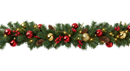 Elegant festive garland with fir, red & gold ornaments, pine cones, berries, warm LED lights, on transparent studio background with copy space, clean corporate holiday celebration concept