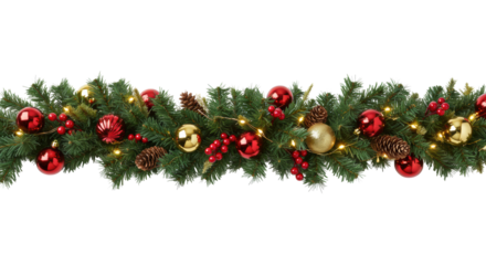 Elegant festive garland with fir, red & gold ornaments, pine cones, berries, warm LED lights, on transparent studio background with copy space, clean corporate holiday celebration concept