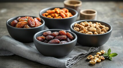 Assorted dried fruits and nuts in bowls offer healthy snacking option concept.