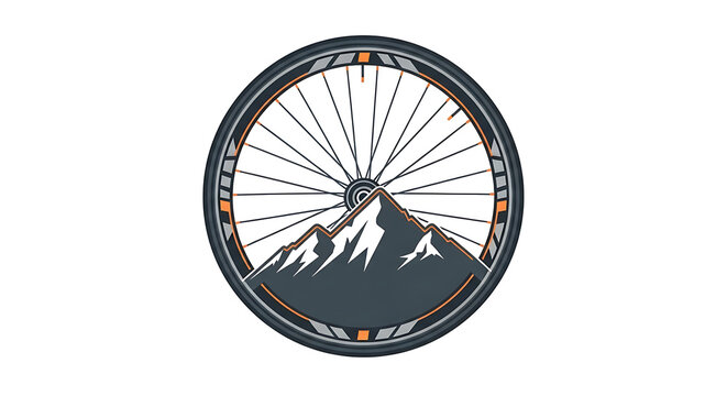 Mountain Bike Wheel Logo Design Showcasing Adventure and Nature's Majesty, with peak
