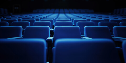 Fototapeta premium Rows of blue upholstered seats in dimly lit auditorium create serene atmosphere