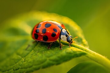Fototapeta premium Close up of a red ladybug with black spots on a green leaf